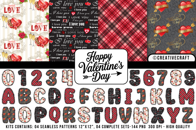 Valentines Day Seamless Patterns, valentine doodle letters