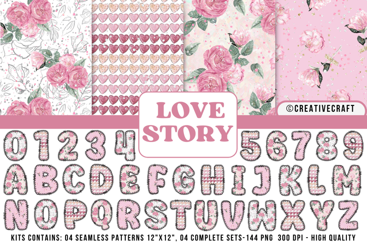 Love Story Floral Alphabet & Seamless Patterns PNG