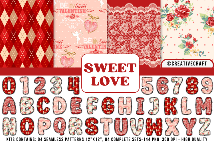Valentines Day Seamless Patterns, Valentines doodle letters