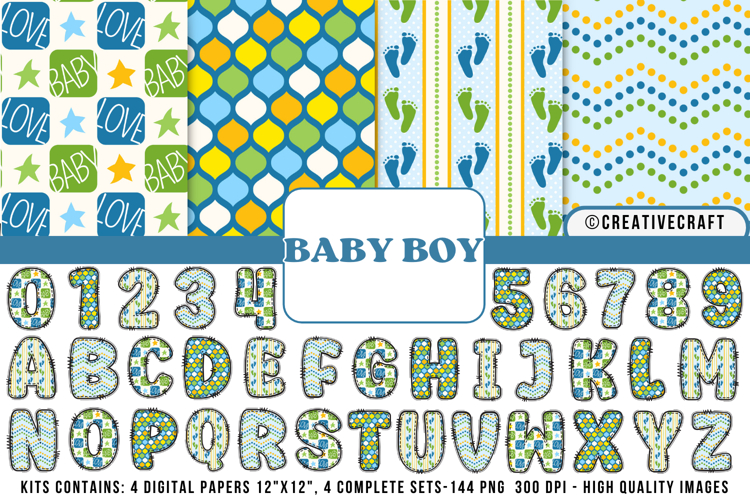 Baby Boy Digital Papers, Baby Boy doodle letters
