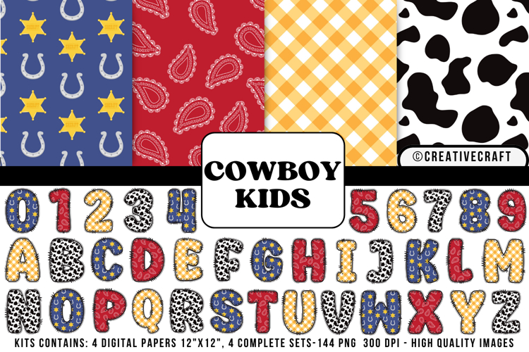 Cowboy Kid Digital Papers, cowboy kid doodle letters