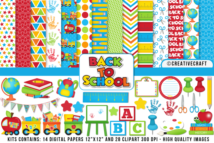 Back To School Digital Paper and Clipart png, school clipart