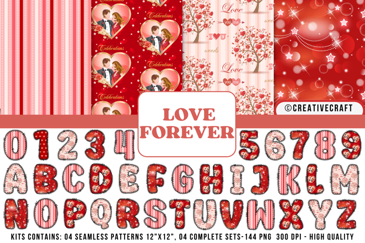 Valentines Day Seamless Patterns, Valentines doodle letters