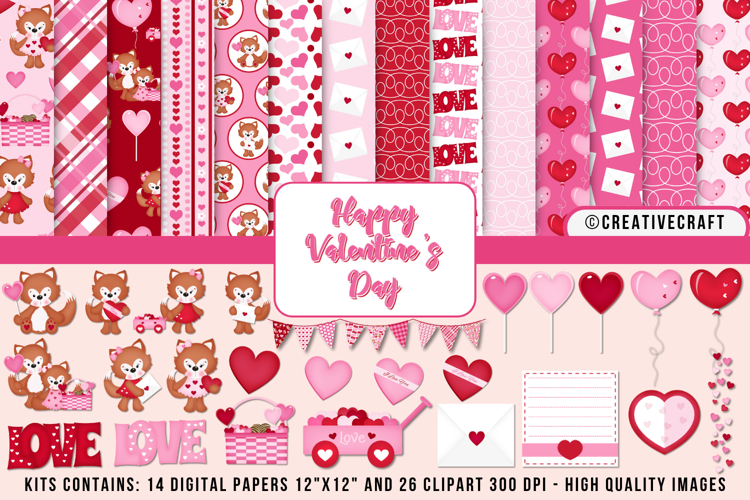 Valentine Day Digital Paper and Clipart png, illustration