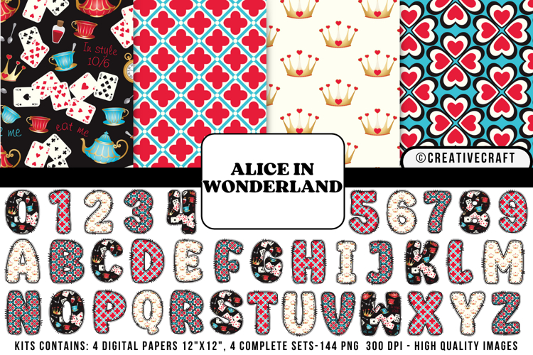 Alice in Wonderland Digital Papers, Alice doodle letters