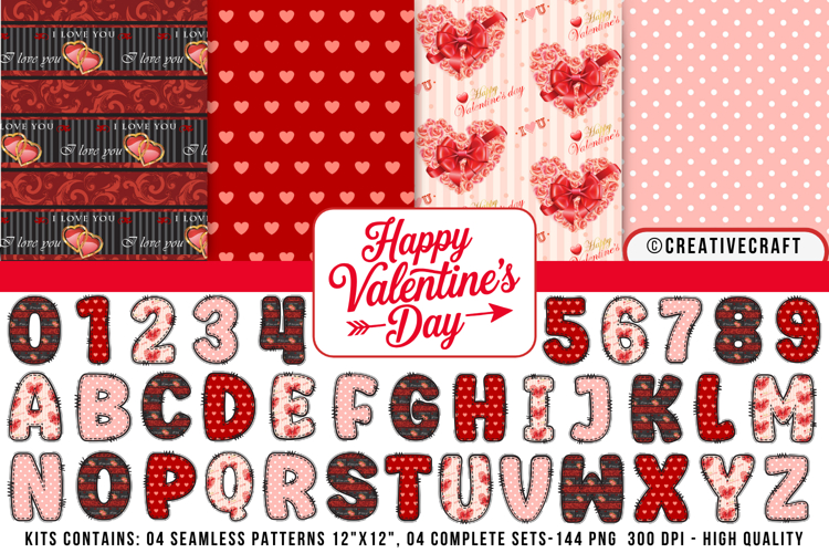 Valentines Day Seamless Patterns, valentine doodle letters