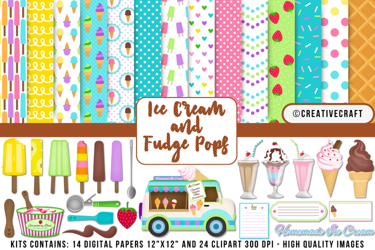 SUMMER ICE CREAM Digital Paper and Clipart Kids PNG