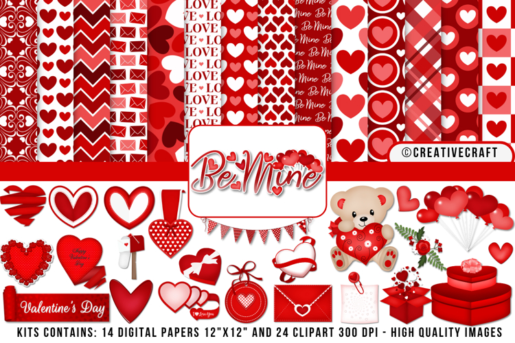 Valentine Day Digital Paper and Clipart png, illustration