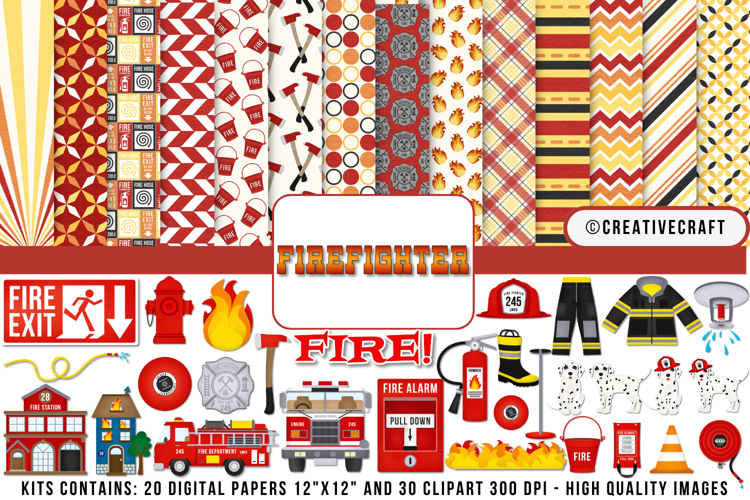 Firefighter Digital Paper and Clipart png, fire clipart