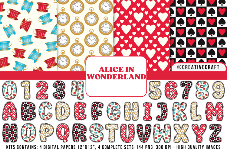 Alice in Wonderland Digital Papers, Alice doodle letters