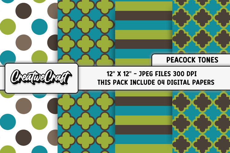 Peacock Tones Digital Papers, brown green background designs