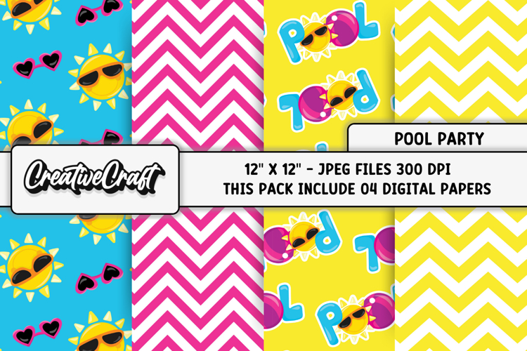 Pool Party digital papers, summer tropical scrapbook designs