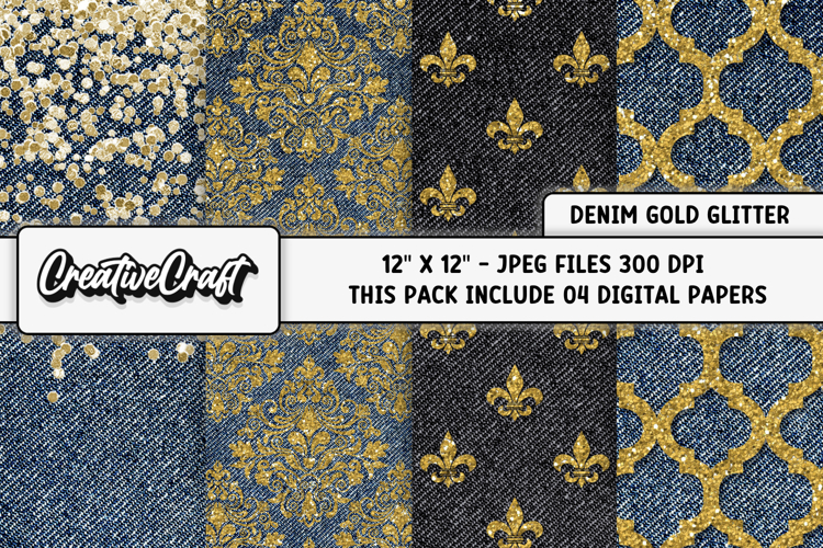 Denim Gold Glitter Digital Papers, denim textures designs example image 1