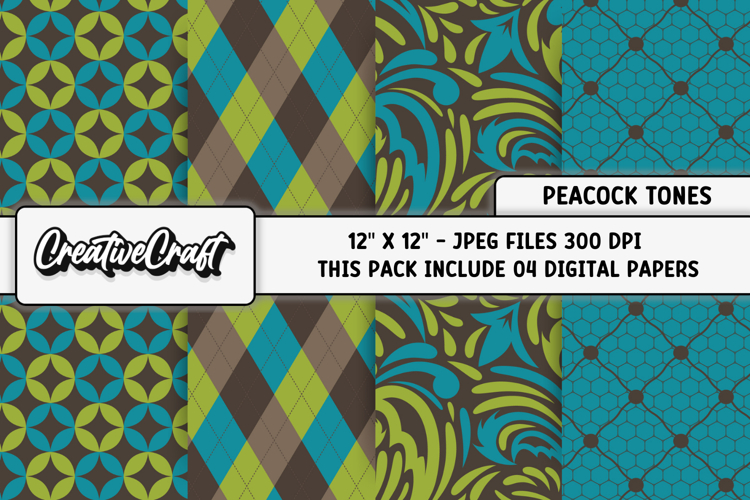Peacock Tones Digital Papers, brown green background designs