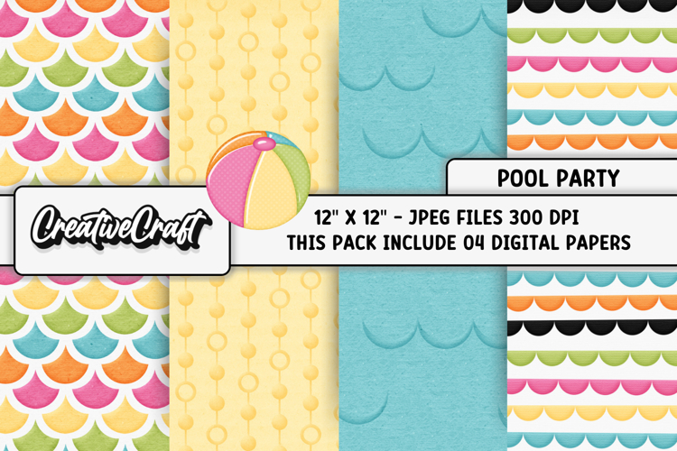 Pool Party digital papers, summer tropical scrapbook designs