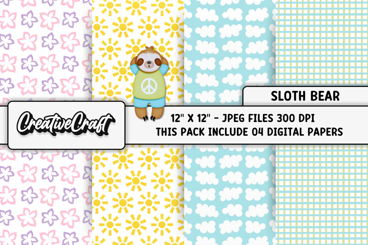 Sloth Digital Papers, bear background designs, illustrations
