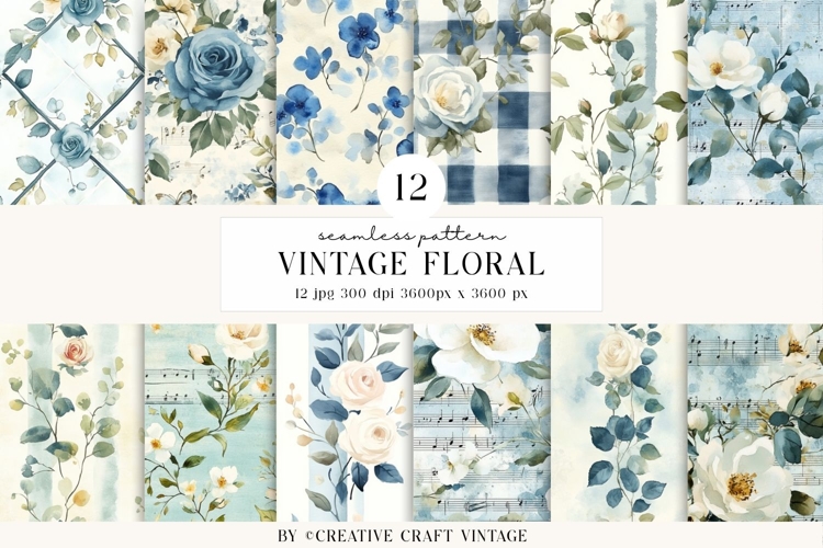 Vintage Floral Seamless Patterns, digital papers, watercolor