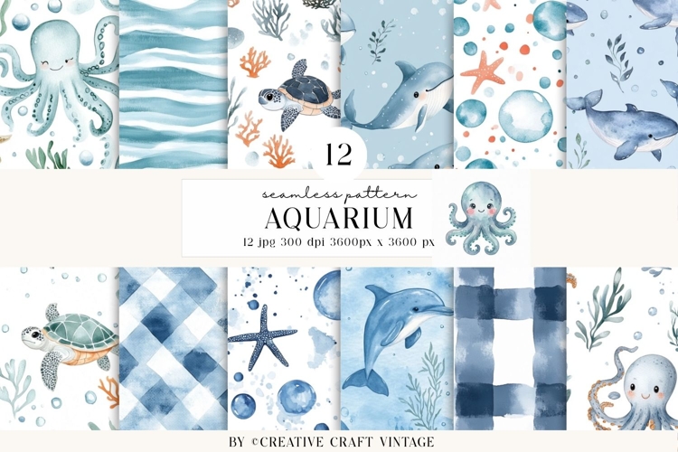 Sea Animals Seamless Pattern, watercolor digital paper example image 1