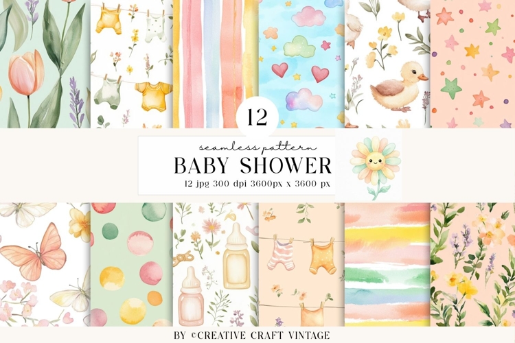 Baby Shower Seamless Pattern watercolor spring digital paper example image 1