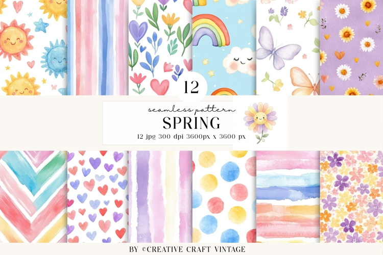 Spring Watercolor Seamless Patterns, vintage digital paper