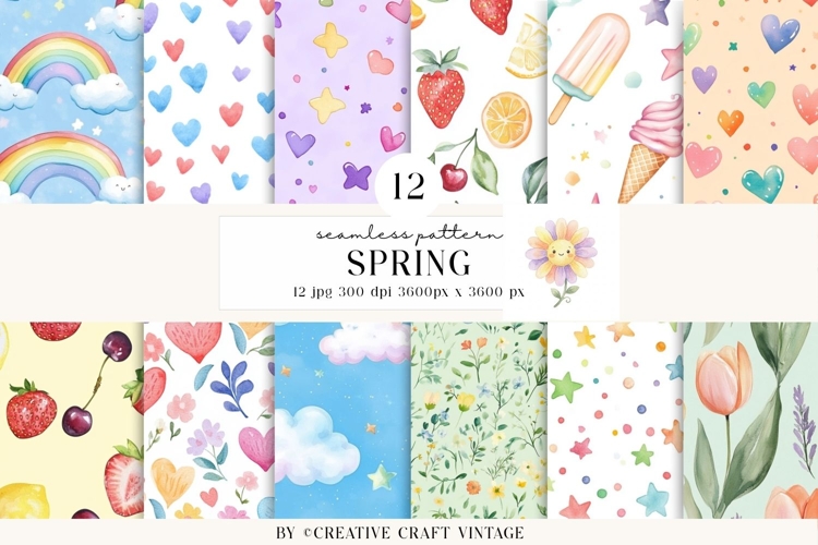Spring Watercolor Seamless Patterns, vintage digital paper