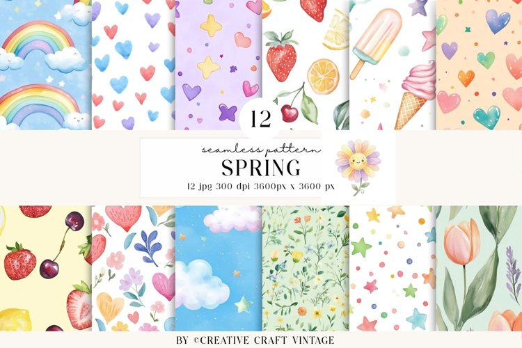 Spring Watercolor Seamless Patterns, vintage digital paper