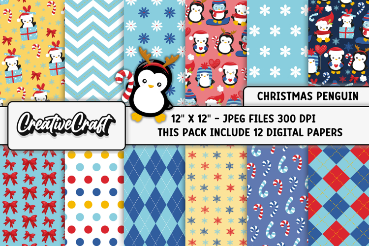 Christmas Penguins Digital Papers, scrapbooking designs