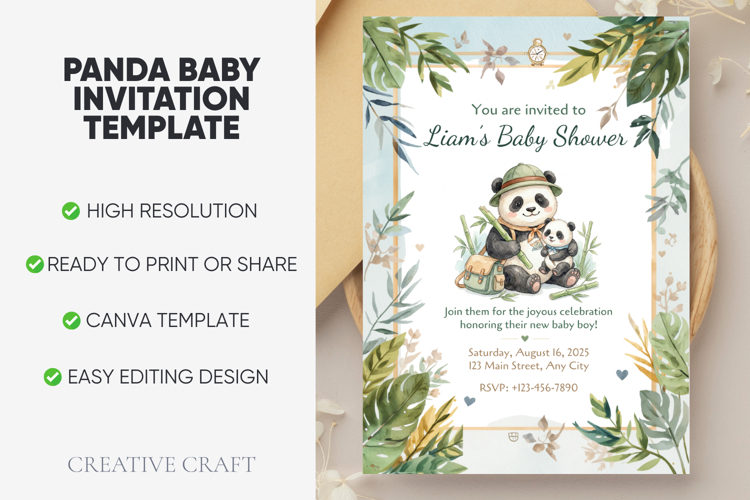 Panda Baby Shower Editable Invitation Template, canva design