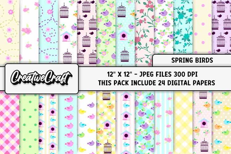 Spring Birds Digital Papers, scrapbook backgrounds design