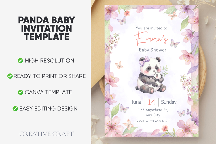 Panda Baby Shower Editable Invitation Template, canva design