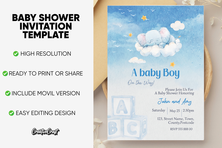 Baby Shower Editable Invitation Template, editable canva