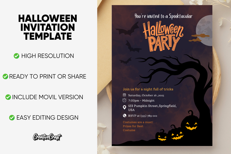 Halloween Party Editable Invitation Template, editable canva
