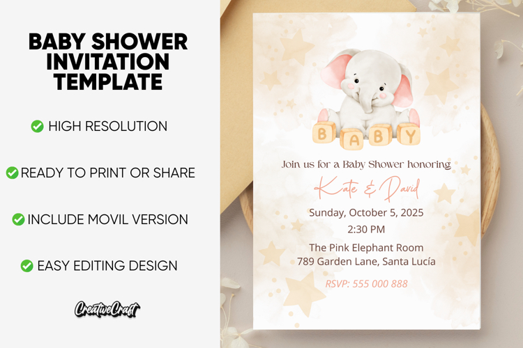 Baby Shower Editable Invitation Template, editable canva