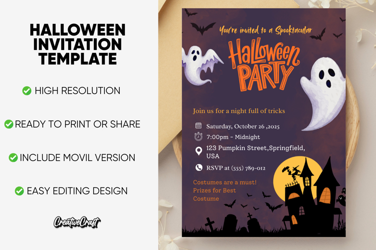 Halloween Party Editable Invitation Template, editable canva