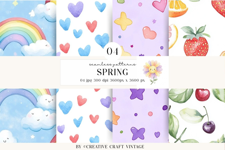 Spring Watercolor Seamless Patterns, vintage digital paper