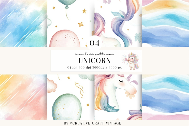 Unicorn Seamless Patterns, watercolor digital papers