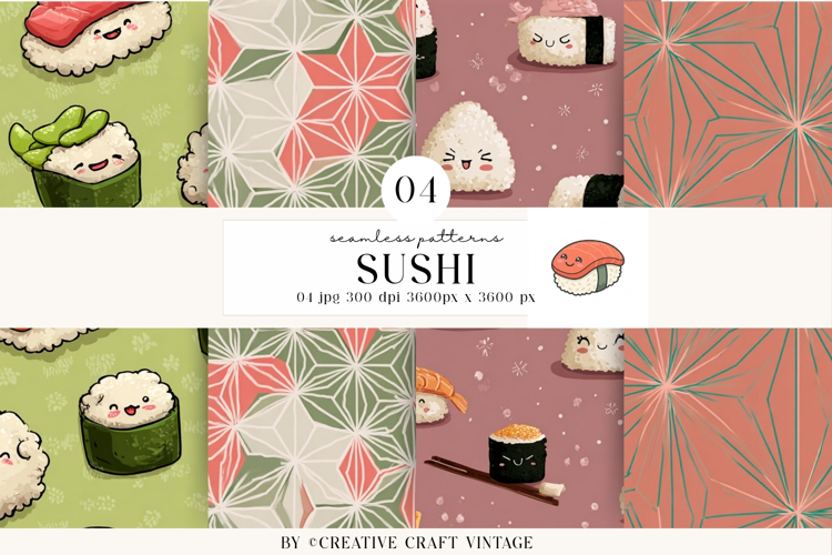 Kawaii Sushi Seamless Patterns, watercolor digital papers