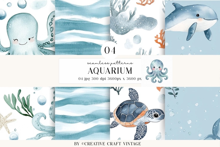 Sea Animals Seamless Pattern, watercolor digital paper example image 1