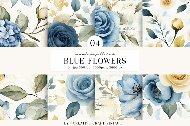 Blue Floral Seamless Patterns, digital papers, watercolor