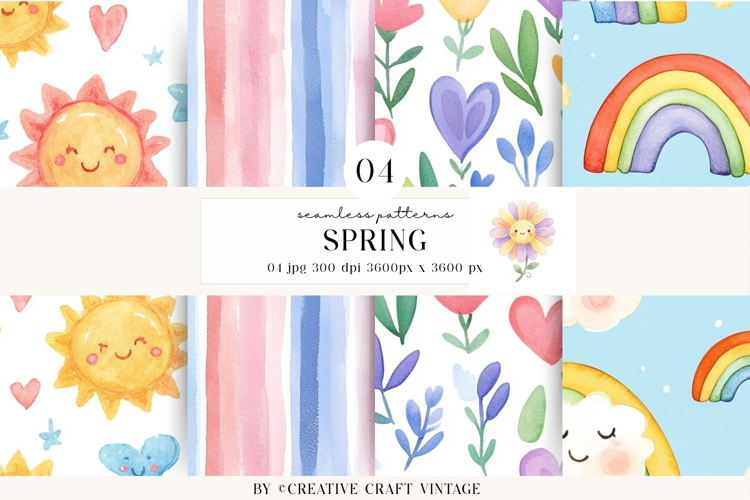 Spring Watercolor Seamless Patterns, vintage digital paper