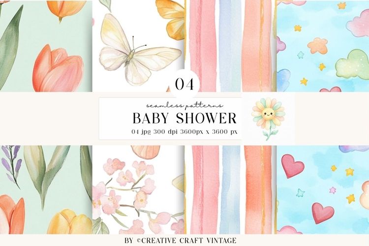 Baby Shower Seamless Pattern watercolor spring digital paper example image 1