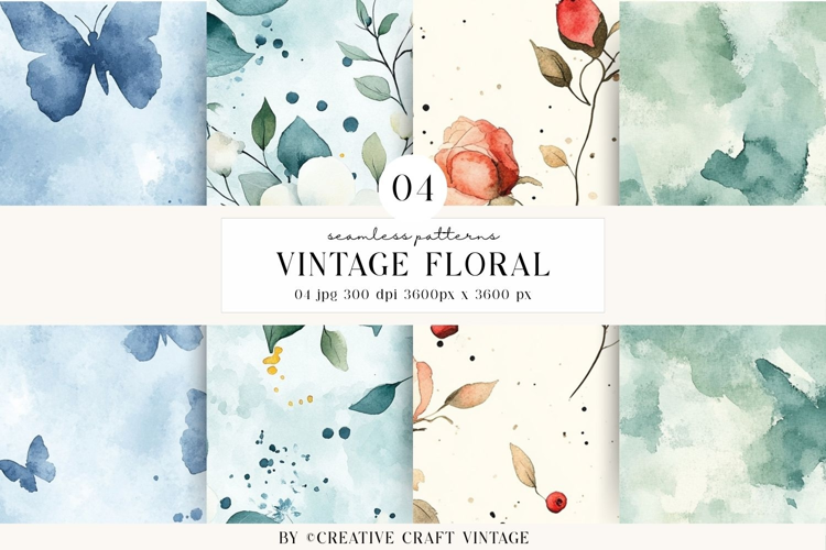 Vintage Floral Seamless Patterns, Watercolor digital papers