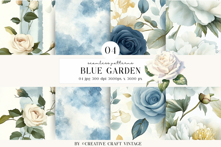 Blue Garden Seamless Pattern, Watercolor digital papers