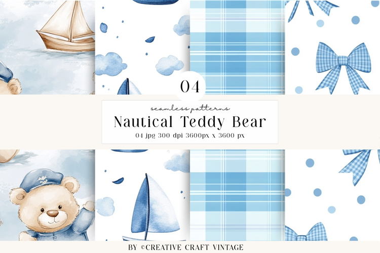 Nautical Teddy Bear Seamless Patterns, watercolor papers