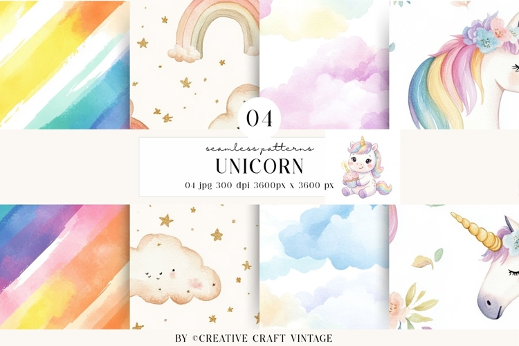 Unicorn Seamless Patterns, watercolor digital papers