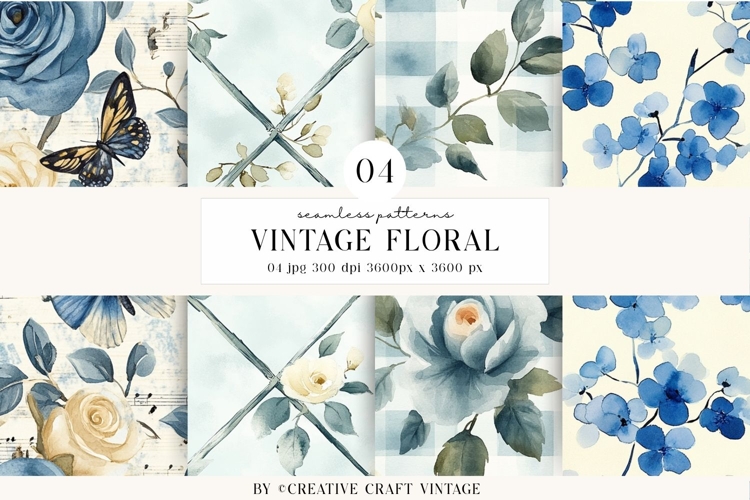 Vintage Floral Seamless Patterns, digital papers, watercolor