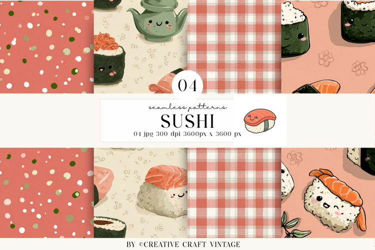 Kawaii Sushi Seamless Patterns, watercolor digital papers