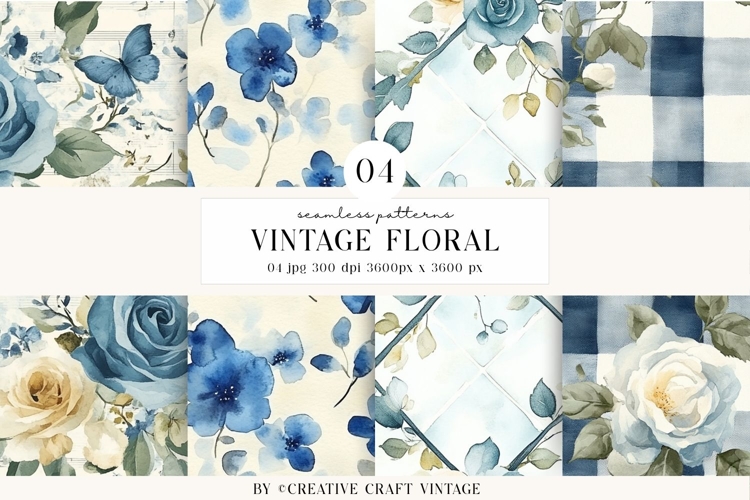Vintage Floral Seamless Patterns, digital papers, watercolor