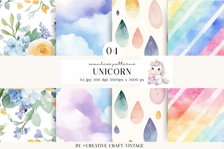 Unicorn Seamless Patterns, watercolor digital papers