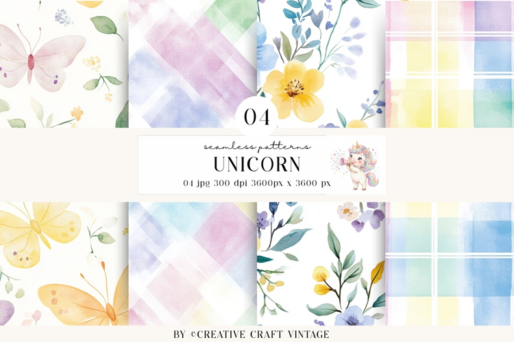 Unicorn Seamless Patterns, watercolor digital papers